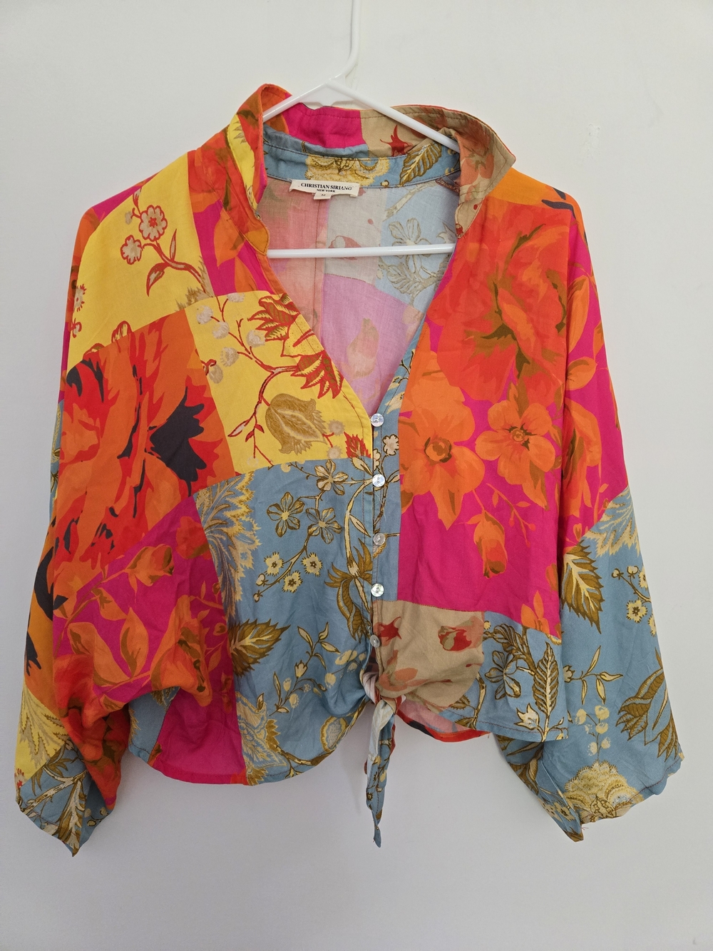 Christian Siriano Pink Floral Patchwork Tie-Front Cropped Blouse Boho Chic M